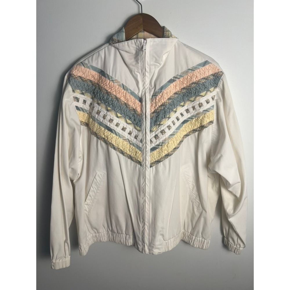 Vtg WM XL Koret Francisca Pastel Patchwork Chevron Bomber Jacket Grannycore